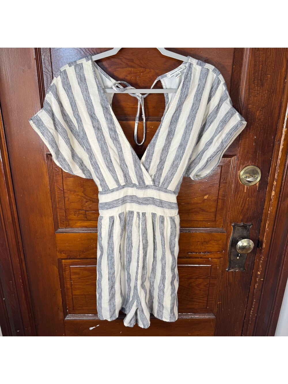 American Eagle V-neck Gray and White Striped Short-Sleeve Romper Size small